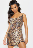 Women Leopard Print Sequined Suspender Backless Pleated Slit Bodycon Dress