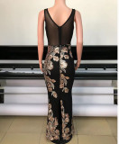 Women Sexy See-Through Sequined Net Patchwork Sleeveless V-Neck Sexy Dress