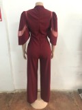 Women Elegant Mesh Patchwork Lace-Up Wide-Leg Jumpsuit