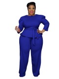 Plus-Size Women Solid Long-Sleeved Top and Pant Two-Piece Set