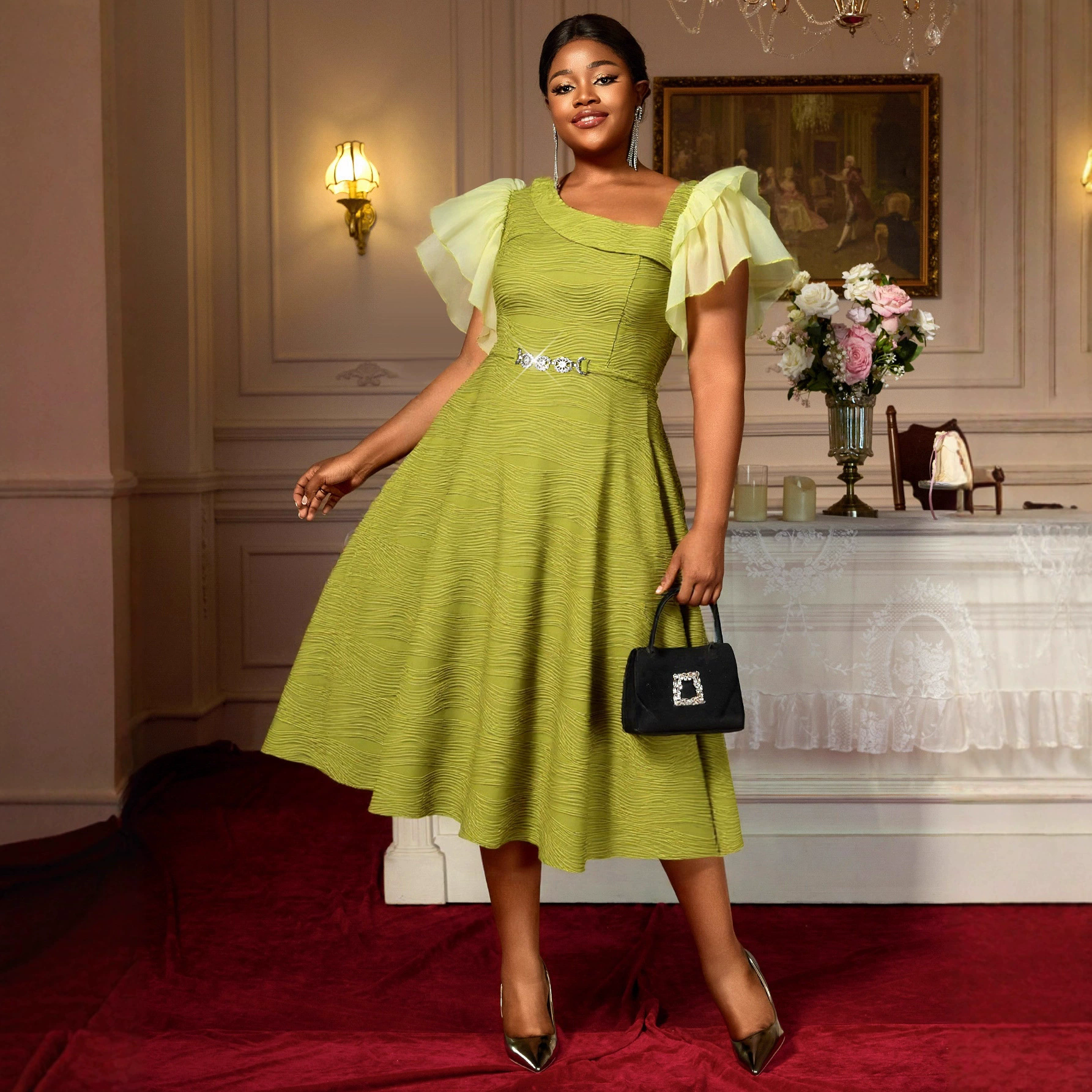 Elegant Slash Shoulder Mesh Flutter Sleeve Midi Gown Slim Waist A-Line Party Dresses