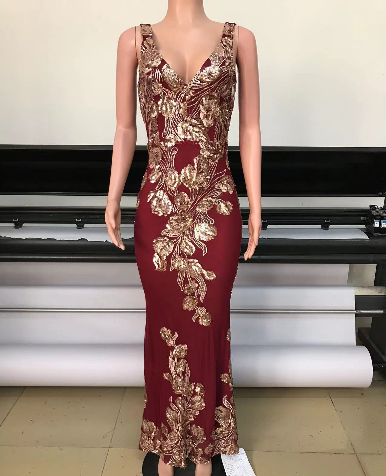 Women Sexy See-Through Sequined Net Patchwork Sleeveless V-Neck Sexy Dress