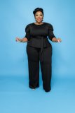Plus-Size Women Solid Long-Sleeved Top and Pant Two-Piece Set