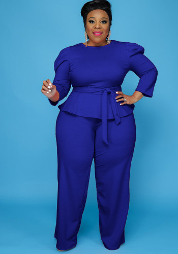 Plus-Size Women Solid Long-Sleeved Top and Pant Two-Piece Set