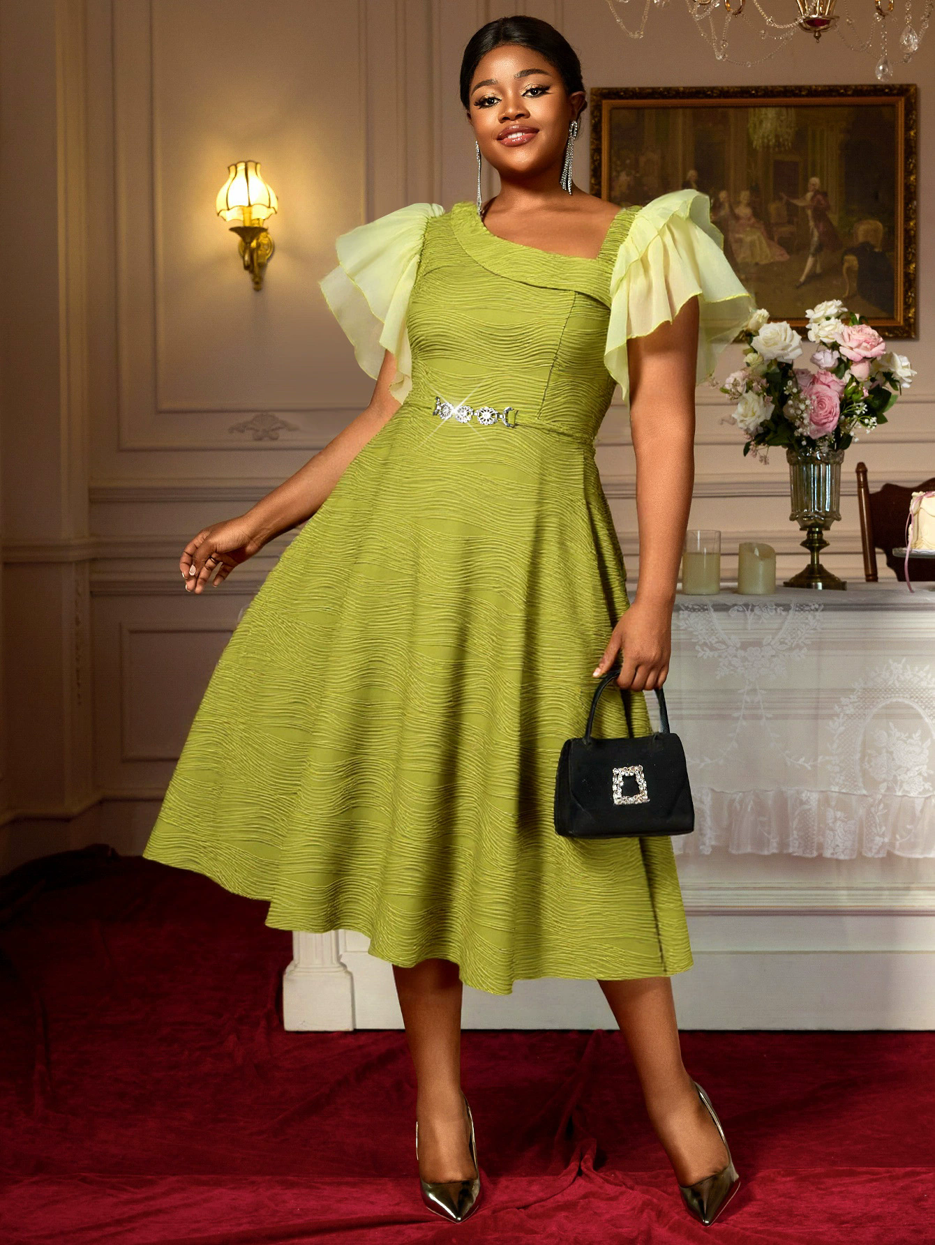 Elegant Slash Shoulder Mesh Flutter Sleeve Midi Gown Slim Waist A-Line Party Dresses