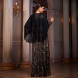 Women Long-Sleeved Round Neck Formal Party Sequined Evening Dress with Cape