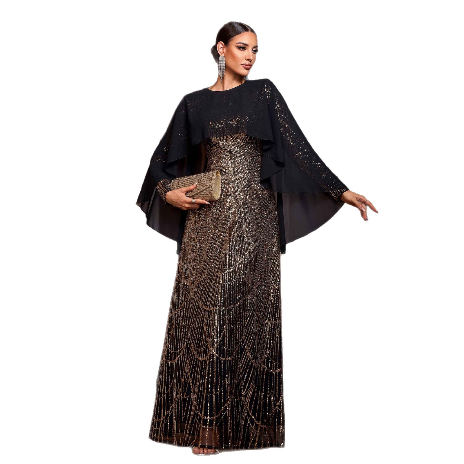 Women Long-Sleeved Round Neck Formal Party Sequined Evening Dress with Cape