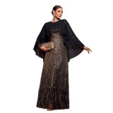 Women Long-Sleeved Round Neck Formal Party Sequined Evening Dress with Cape