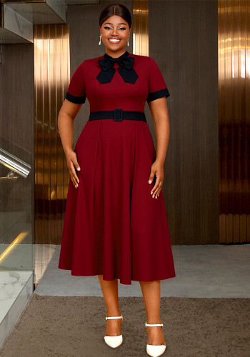 Plus-Size Women Burgundy Lace-Up Bow Short-Sleeve Contrast Color Dress