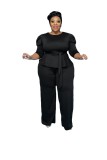 Plus-Size Women Solid Long-Sleeved Top and Pant Two-Piece Set