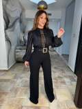 Women Elegant Lace Patchwork Lace-Up Wide-Leg Jumpsuit