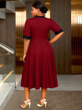 Plus-Size Women Burgundy Lace-Up Bow Short-Sleeve Contrast Color Dress