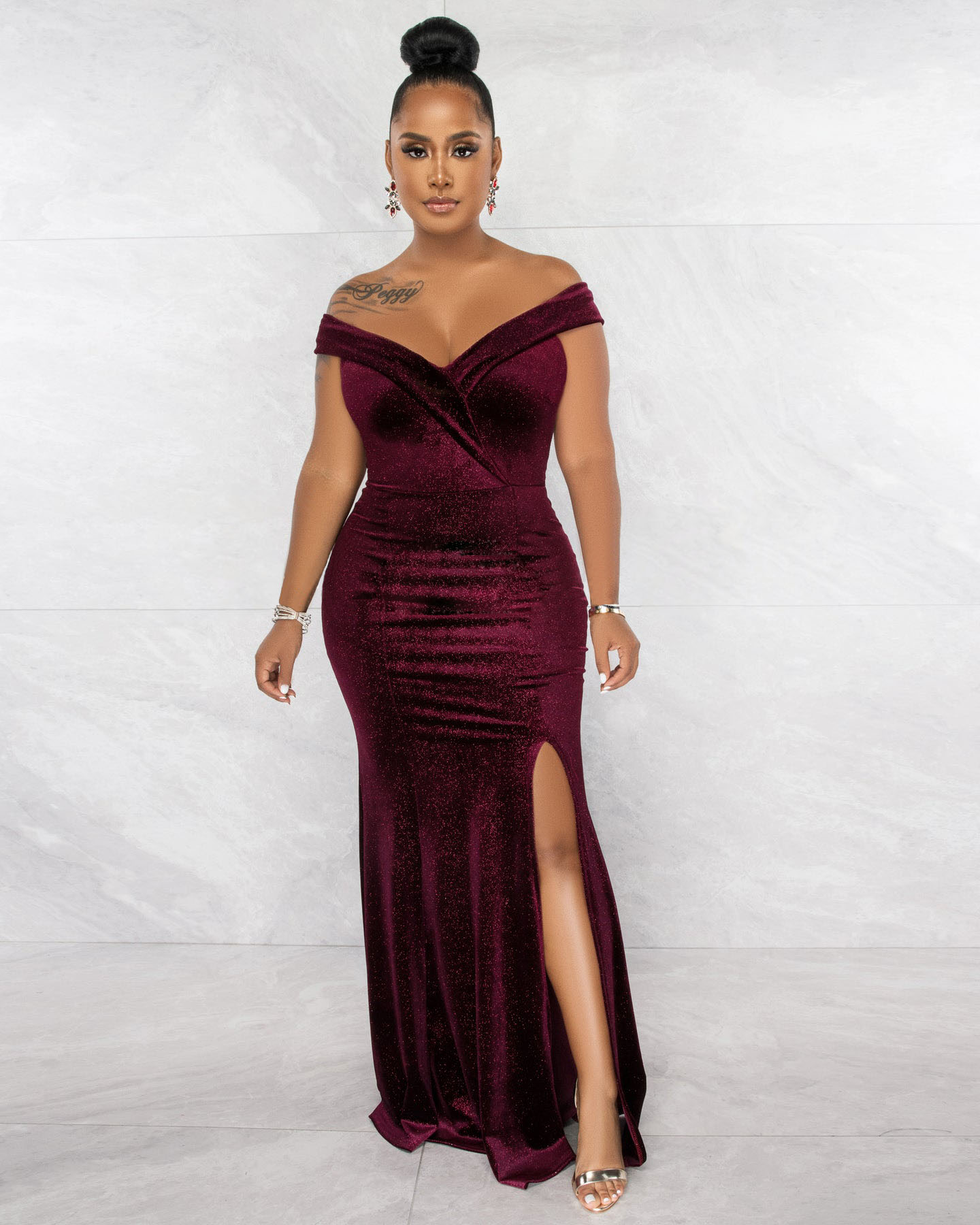 Women Elegant Short Sleeve Slit Evening Dress