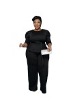 Plus-Size Women Solid Long-Sleeved Top and Pant Two-Piece Set