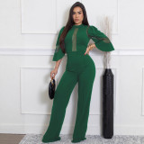 Women Elegant Mesh Patchwork Lace-Up Wide-Leg Jumpsuit