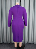 Plus-Size Women Purple V-Neck Long-Sleeve Ruffled Rhinestone Elegant Dress