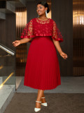 Plus-Size Women Red Patchwork Mesh Bow Shawl Pleated Dress