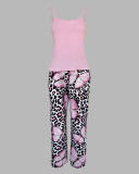 Women's Printed Strap Top + Pants + Coat Three-Piece Set With Belt