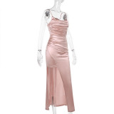 Summer Women's Fashion Sexy Strap Satin Gown Slit Chic Dress