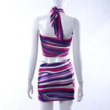 Women's Spring Summer Contrast Print Sleeveless Halter Neck Crop Top & Skirt Set