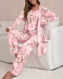 Women's Printed Strap Top + Pants + Coat Three-Piece Set With Belt