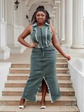 Plus Size Sexy Zipper Turn-Down Collar Sleeveless Denim Long Dress