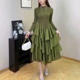 Plus Size Fashion Flounce Chic Slim Waist Elegant Solid Cascading Ruffles Dress