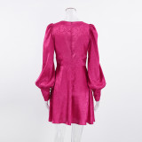 Autumn V-Neck Cut-Out Jacquard Lantern Sleeve Short Dress