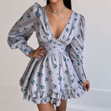 Floral Print Sweet V-neck Puff Sleeve Slim Waist Dress