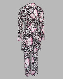 Women's Printed Strap Top + Pants + Coat Three-Piece Set With Belt