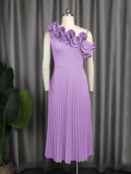 Women One Shoulder Slash Shoulder Formal Party Pleated Dress