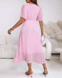 Flutter Sleeve Front Knot Slim Waist Pleated Midi Dress