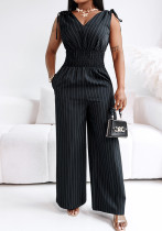 Striped V-Neck Slim Waist Career Casual Jumpsuit