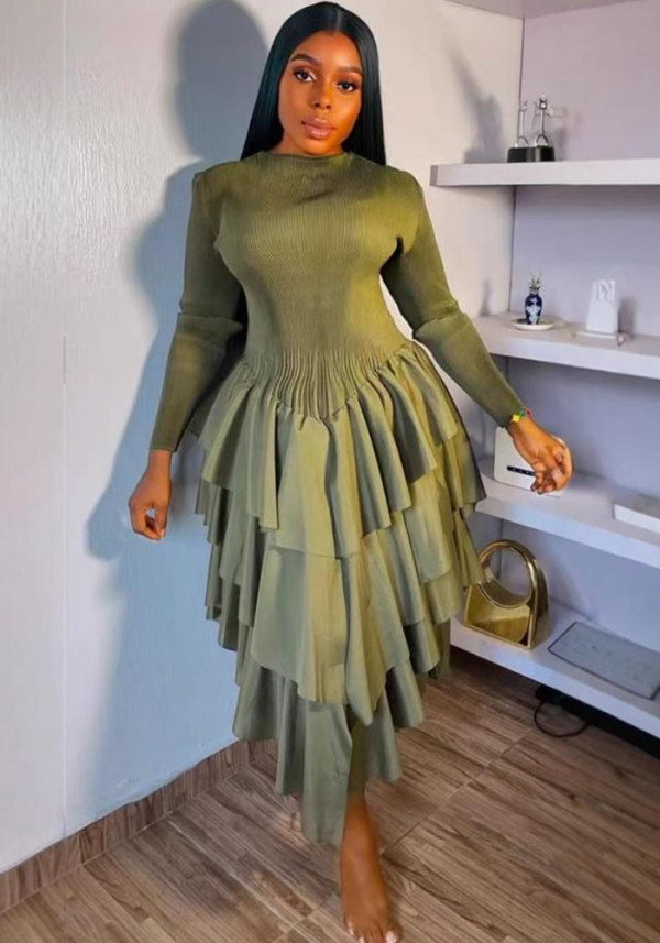 Plus Size Fashion Flounce Chic Slim Waist Elegant Solid Cascading Ruffles Dress