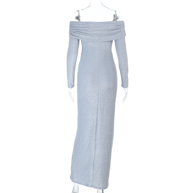 Off-Shoulder Beaded Glitter Long-Sleeve Dress Sexy Long Gown