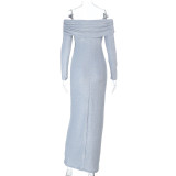 Off-Shoulder Beaded Glitter Long-Sleeve Dress Sexy Long Gown