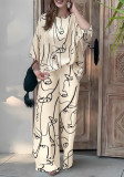 Floral Print Casual Satin Bat Sleeve Top with Straight-Leg Pants Set