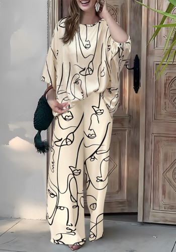 Floral Print Casual Satin Bat Sleeve Top with Straight-Leg Pants Set