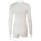 Solid Slim Fitted Long-Sleeve Top & High-Waist Butt Lift Shorts Sporty Casual Set