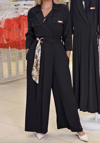 Solid Turn-Down Collar Irregular Lace-Up Patchwork Slim Waist Casual Jumpsuit