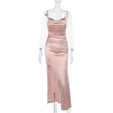 Summer Women's Fashion Sexy Strap Satin Gown Slit Chic Dress