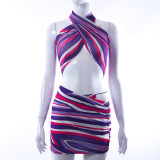 Women's Spring Summer Contrast Print Sleeveless Halter Neck Crop Top & Skirt Set