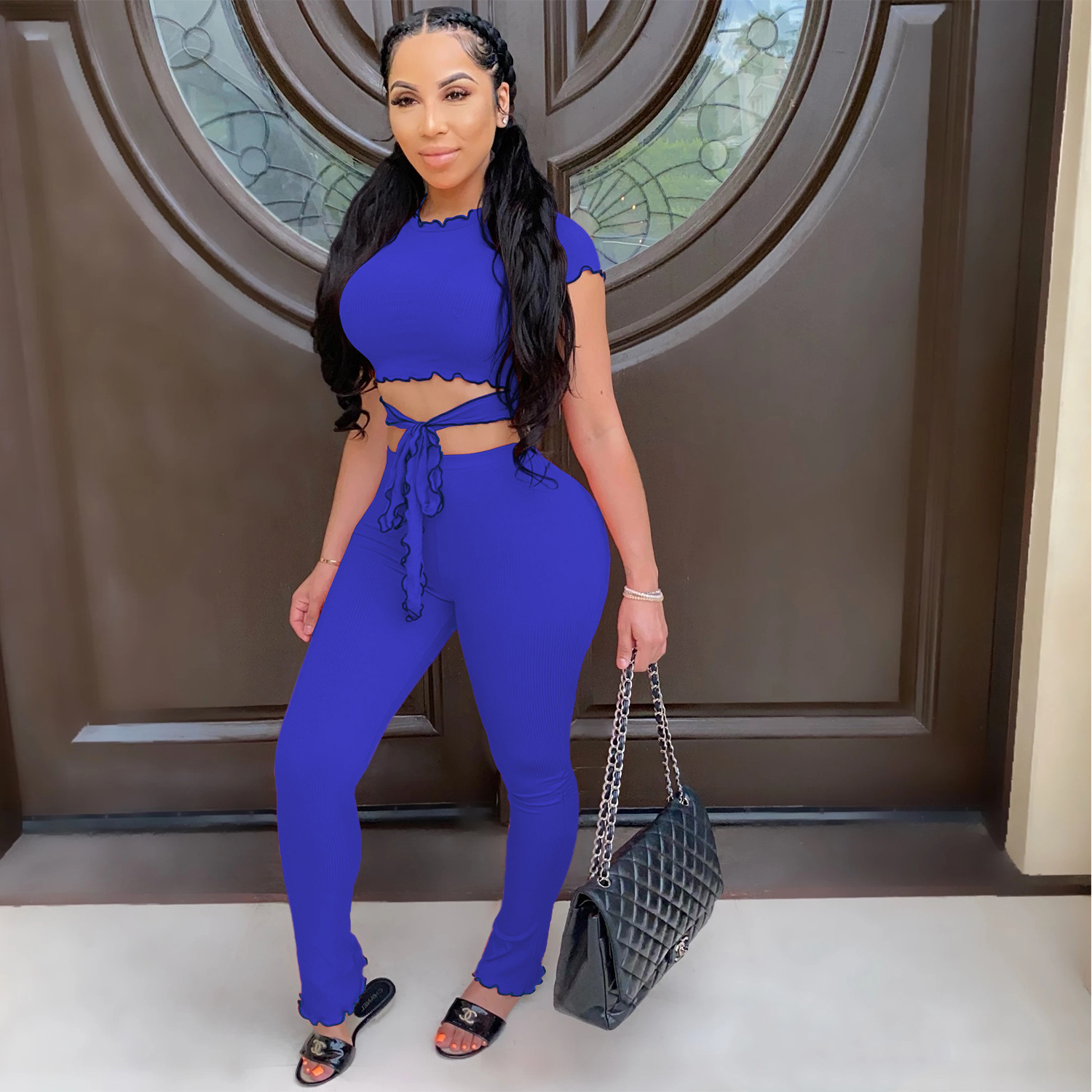 Women Sexy Short-Sleeved Top and Pant Two-Piece Set