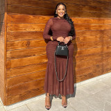 Women's Chic Slim Waist Solid High Neck Long-Sleeve Ruched Long Dress