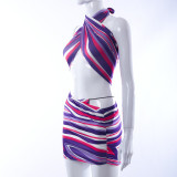 Women's Spring Summer Contrast Print Sleeveless Halter Neck Crop Top & Skirt Set