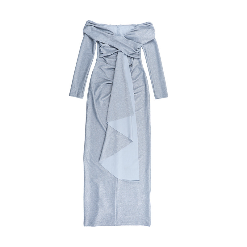 Off-Shoulder Beaded Glitter Long-Sleeve Dress Sexy Long Gown