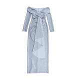 Off-Shoulder Beaded Glitter Long-Sleeve Dress Sexy Long Gown