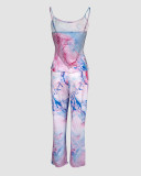 Women's Printed Strap Top + Pants + Coat Three-Piece Set With Belt