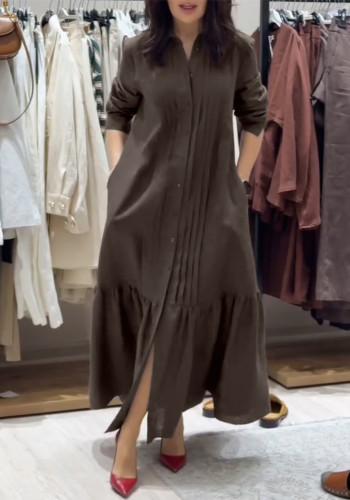 Solid Linen Pleated Patchwork Flounce Hem Casual Dress