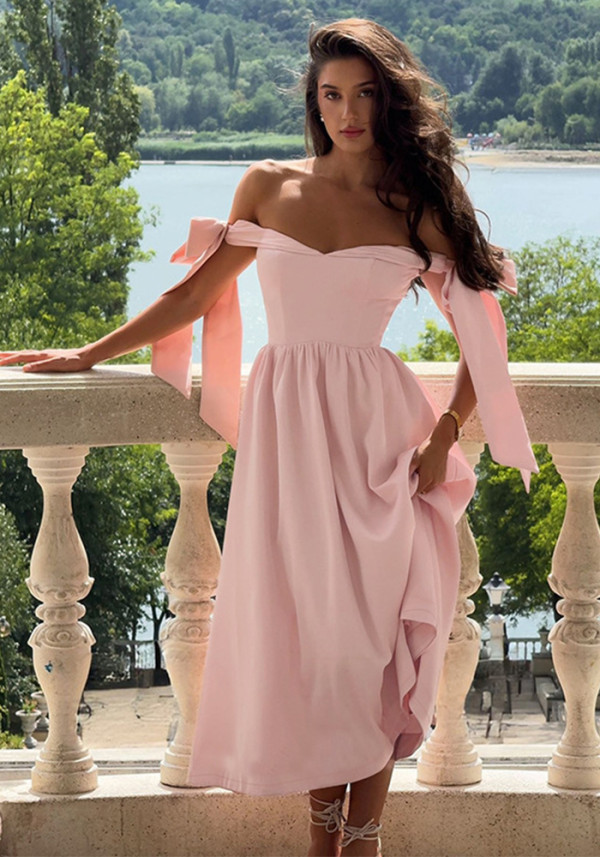 Bow Strap Slim Waist Sexy Low Back Dress Chic Long Gown